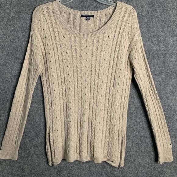 American Eagle Outfitters Tunic Sweater Women L Cable Stitch Mauve Beige Pull On - Picture 2 of 16